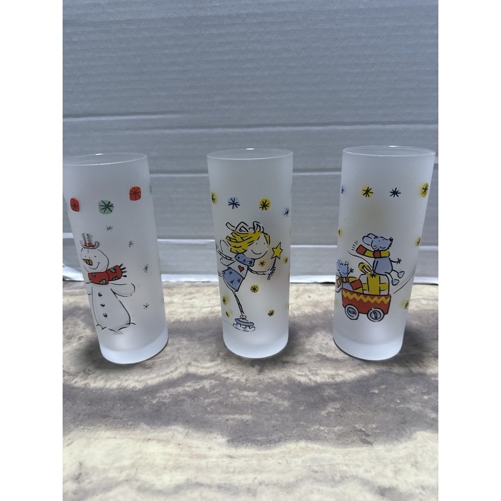 Set of 3 FROSTED HOLIDAY CHRISTMAS HIGHBALL Tumblers Glass Snowman, Mouse Fairy
